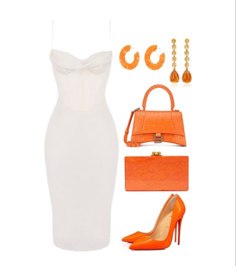 Orange Clutch Outfit, How To Style Orange Shoes, Orange Graduation Outfit, Orange White Outfit, White Orange Outfit, Orange Aesthetic Dress, Shoes For Orange Dress, Celebration Outfit, White And Orange Outfit