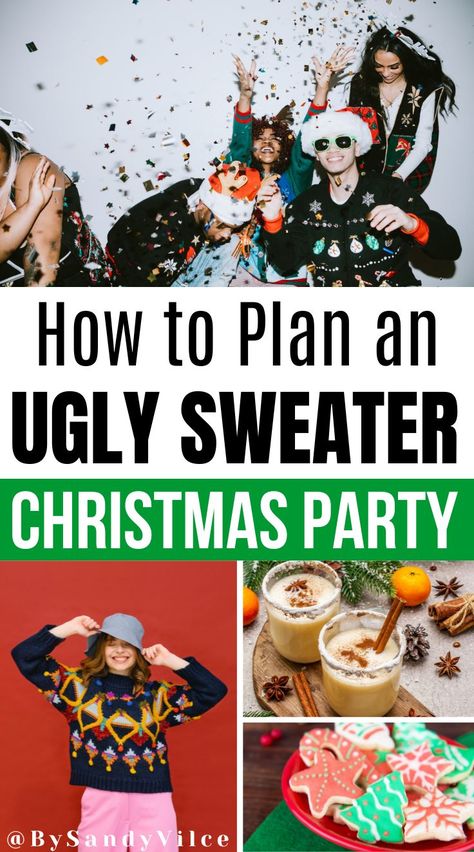 How to plan an ugly sweater Christmas party Christmas Party Ugly Sweater Theme, Ugly Sweater Food Ideas, Sweater Weather Party Theme, Ugly Sweater Couple Ideas, Ugly Christmas Sweater Party Ideas Decor, Ugly Sweaters Ideas, Ugly Sweater Christmas Party Decorations, Ugly Christmas Sweater Party Ideas Food, Ugly Xmas Sweater Ideas