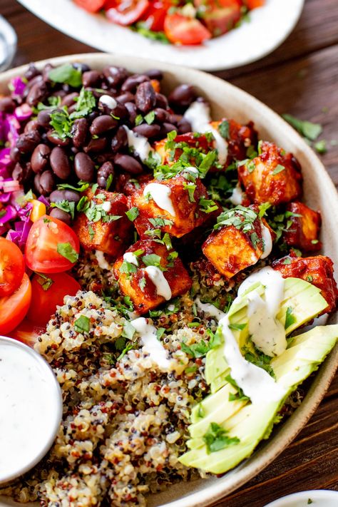 BBQ Tofu Quinoa Bowls - This Savory Vegan Tofu Quinoa Bowl, Bbq Tofu Bowl, Quinoa Tofu, Purple Cabbage Slaw, Tofu Quinoa, Quinoa Bowls, Bbq Tofu, Tofu Recipes Vegan, Avocado Vegan