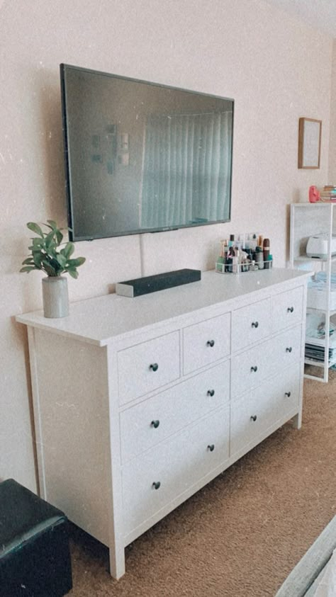 Ikea Dresser Room, Minimalist Dresser Decor With Tv, White Room Dresser, Dresser Inspiration Bedroom, Wide White Dresser, Ikea Dresser Tv Stand, Long White Dresser Bedroom, White Long Dresser, Dresser Aesthetic Bedroom