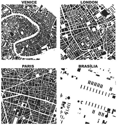 Figure-ground diagrams of urban form and building footprints in London, Paris, Venice, and Brasilia depict modernism's inversion of traditional spatial order Urban Morphology, Analysis Diagram, Urban Spaces Design, Architecture Site Plan, City Grid, Figure Ground, Urban Analysis, Urban Design Architecture, Urban Design Plan