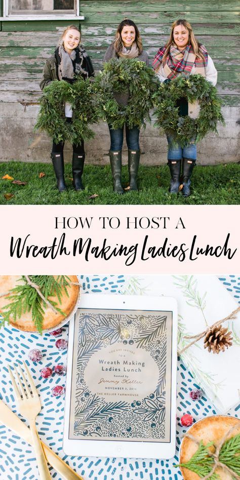 How to Host a Wreath Making Ladies Lunch | Holiday Wreath DIY Christmas Wreath Making Party, Wreath Making Party, Ladies Christmas Party, Diy Lunch, Wreath Party, Jenny Cookies, Make Your Own Wreath, Adult Christmas Party, Fresh Wreath