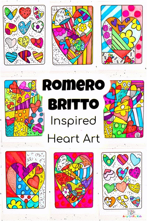 Heart Lessons For Kids, Art Inspiration For Kids, 30 Minute Art Projects, Romero Britto Art Projects For Kids, Easy Art Lessons Elementary, Easy Elementary Art Projects, Pattern Art For Kids, Romero Britto Art Lesson, Heart Art For Kids