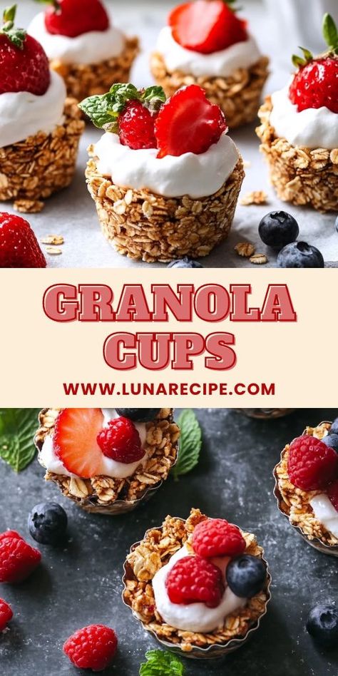 These Granola Cups are the perfect combination of crunchy, creamy, and fruity! 🥣🍓 Made with a crispy granola shell, creamy yogurt, and fresh fruit, they’re a healthy and delicious option for breakfast, snacks, or even dessert. Easy to customize with your favorite toppings and great for meal prepping! 📌 Pin this recipe to make crunchy, creamy, and fruity granola cups for a healthy treat! #GranolaCups #HealthySnacks #BreakfastIdeas #MealPrep #CleanEating #DeliciousAndHealthy No Bake Granola Cups, High Protein Granola, Crispy Granola, Granola Cups, Fruit And Yogurt, Protein Granola, Easy Granola, Creamy Yogurt, Baked Granola