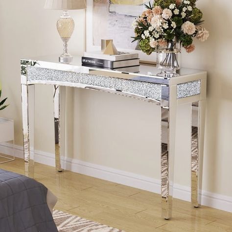 Mirrored Console Table Embedded Sparkling Crystals Diamond - 47.2" x 13.8" x 31.1" - Bed Bath & Beyond - 39451784 Mirrored Console Table, Mirror Console, Entryway Console, Sofa End Tables, Vanity Table, Console Tables, Furniture Outlet Stores, Sparkling Crystal, Online Furniture Stores