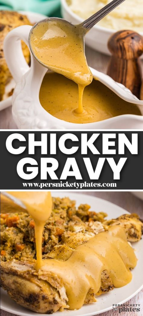 Learn to make easy chicken gravy with drippings from the whole chicken you just cooked. There's nothing better than smothering meat and mashed potatoes with a thick, rich, and flavorful gravy made from scratch! Chicken Gravy With Drippings, Chicken Gravy From Drippings, Country Gravy Mix Recipe, Gravy With Drippings, Meat And Mashed Potatoes, Mashed Potatoes Chicken, Easy Chicken Gravy, Persnickety Plates, Best Sauce Recipe