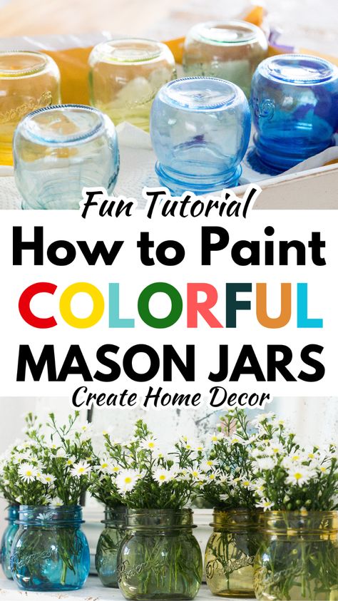 How FUN are these rainbow painted glass jars. Making stained glass mason jars is a fun glass jars upcycle project. What a wonderful craft idea for summer. Decorate with colored glass in your favorite color. How to color glass jars with food coloring and with glass paint. Watercolor On Glass Diy, Dye Glass Jars, How To Paint A Mason Jar Diy, How To Stain Glass Jars, Paint Glass Jars, Staining Mason Jars, Painted Glass Jars, Upcycle Glass Jars, Glass Bottle Diy Projects