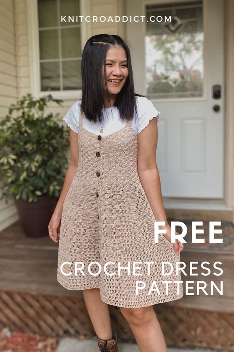 Free crochet dress pattern and video tutorial. Includes women's sizes XS-XXL. Crochet Skater Dress Pattern Free, Crochet Dress Cardigan, Crochet Dress For Beginners, Crochet Dress Beginner, Crochet Apron Dress, Crochet Dress Women, Crochet Sweater Vest Dress, Crochet Patterns Clothes Woman, Crochet Dress Inspiration