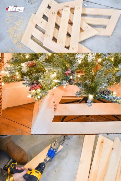 Using basic 1x4s, make this simple but chic Christmas tree skirt to add a hand-made wooden vibe to your holiday decor. The angled sides means this won't overwhelm your tree. Customize it to fit any sized tree stand! Add color or stain to personalize even further. Discover hundreds more DIY ideas + how-to videos at buildsomething.com! Wood Tree Skirt Diy, Wood Christmas Tree Skirt, Wooden Tree Skirts, Wooden Christmas Tree Skirt, Wooden Tree Skirt, Diy Wood Tree Collar, Raised Christmas Tree Stand Ideas, Wood Tree Skirt, Wooden Christmas Tree Collar