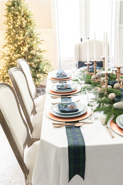 Wedding Party At Home Decor, Green And Blue Plaid Christmas Table, Harvest Mantle Decor, Decorate Dining Chairs For Christmas, Blue And White Dining Room Table Decor, Blue And Green Christmas Table Setting, Cape Cod Christmas Decor, Understated Christmas Decor, Blue Christmas Tablescapes