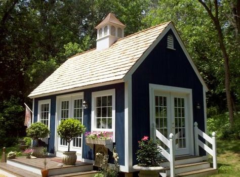 Tiny house with cupola and french doors. I love the tiny house in this picture. Small Cottages, Backyard Greenhouse, Guest Houses, Tiny Cottage, Guest Cottage, Small Cottage, Small Places, Farmhouse Cottage, Cabins And Cottages