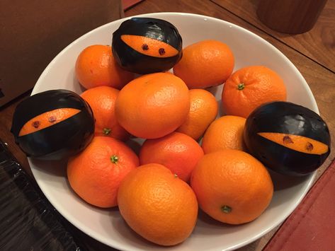 Ninja Birthday.  Ninja oranges. Ninja Birthday Food Ideas, Ninja Party Food, Ninja Birthday Party Ideas, American Ninja Warrior Party, Ninja Birthday Cake, Ninja Themed Birthday Party, Martial Arts Party, Ninja Theme Party, Karate Birthday Party