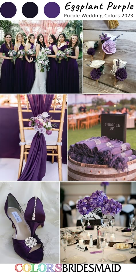 Best 8 Purple Wedding Color Scheme for 2023 - ColorsBridesmaid Spring Wedding Colors Purple, Purple Rustic Wedding Decor, Wedding Colors With Purple, Dark Purple Wedding Ideas, Plum Color Wedding, Purple Wedding Ideas On A Budget, Purple Wedding Color Schemes, Navy And Purple Wedding, Purple Christmas Wedding