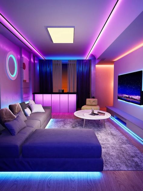 Rgb Lighting Ideas Living Room, Miami Vice Furniture, Led Light Gaming Room, Rgb Living Room, Living Room Designs Led Lights, Rgb Room Ideas, Rope Lights Living Room, Rgb Lighting Ideas Bedroom, Gaming Room Lights