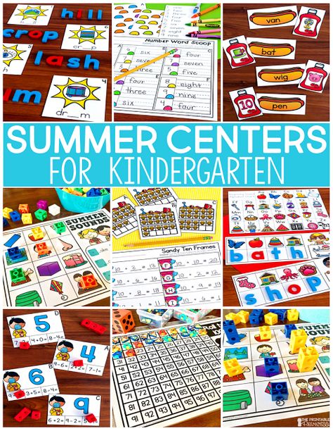 Keep learning and engagement strong with these fun summer centers for Kindergarten.Use them to finish your year or in summer school. Be sure to grab a couple of freebies to help you finish the year off right. You'll find activities for digraphs, short and long vowels, numbers to 100, teen numbers, number words, addition & subtraction, and more! Summer School Ideas For Kindergarten, Kindergarten Summer School Activities, Kindergarten Summer School, Summer School Activities, Summer Kindergarten, Summer Homeschool, Summer Math, Kindergarten Language Arts, Middle School English