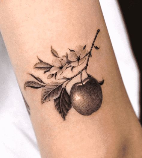 Apple Tattoo Design Ideas Images Apple Tattoo Design, Apple Tattoo Ideas, Bad Apple Tattoo, Apple Blossom Tattoos, Apple Tattoo, Food Tattoos, Lady Bug Tattoo, Framed Tattoo, Literary Tattoos