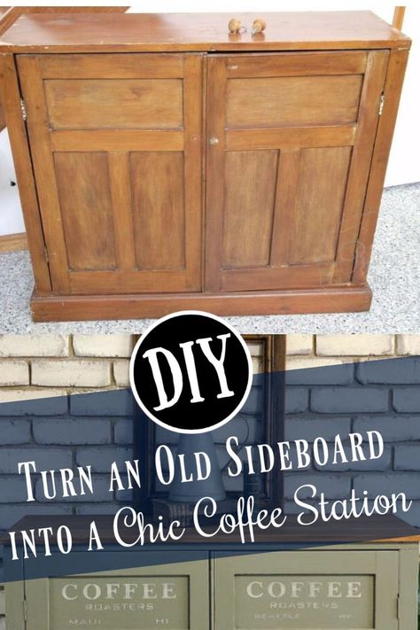 Give thrift store furniture a makeover and a fresh look!  Turn and old sideboard into a chic coffee bar.  It's easier than you think!  Great way to customize your home decor ideas!  #howto #diy #diys #craft #crafts #crafting  #handmade #homedecor #decor #makeover #makeovers #redo #repurpose #reuse #recycle #recycling #upcycle #upcycling #unique #furniture #furnituremakeover #furnitureredo #thrifting #thriftstore #hometalk  #coffee | sponsored Repurposed Bar Cabinet, Coffee Station Diy, Chic Coffee Bar, Sideboard Upcycle, Diy Coffee Station, Decor Makeover, Coffee Cabinet, Thrift Store Upcycle, Diy Cabinet