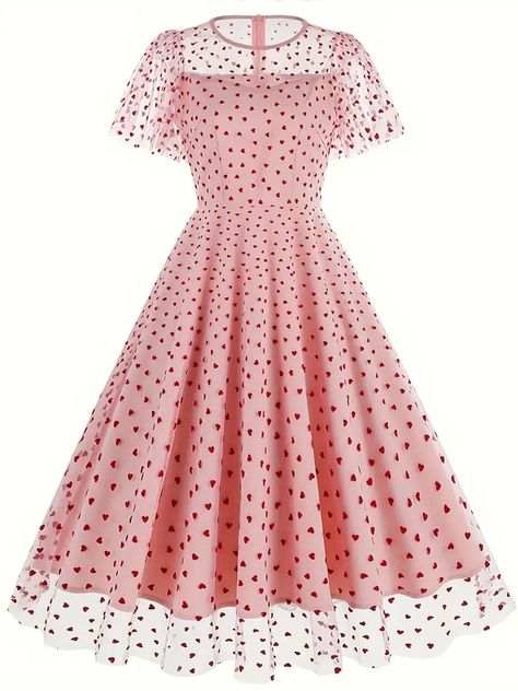 Heart Print Mesh Overlay Dress Vintage Short Sleeve - Temu 1950 Vintage Dresses, Core Outfits, Cherry Print Dress, Mesh Overlay Dress, Nostalgia Core, Valentines Day Dresses, Embroidery Vintage, Retro Vintage Dresses, Photoshoot Dress