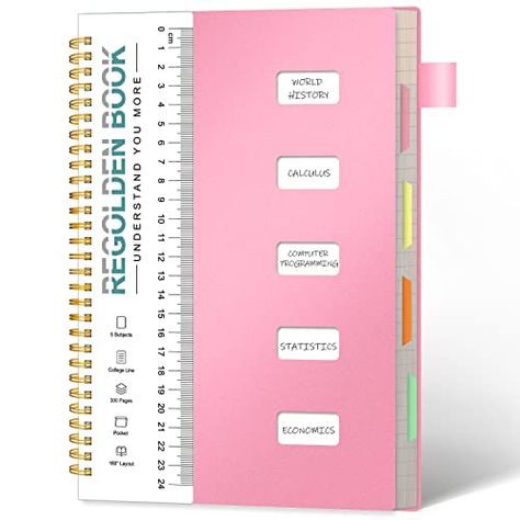 Regolden-Book 5 Subject Notebook College Ruled (7x10), 300 Pages Thicker Spiral Notebook with Tabs for School, Each Divider Page with Pocket, Back to School Supplies, Pink Cheap Educational Pink Pencil Case, Cheap Pink Educational Pencil Case, Affordable Pink School Stationery, 5 Subject Notebook, Hello Kitty School Supplies Notebooks, Notebook For School, Notes Notebook, Table Of Contents Page, Cornell Notes