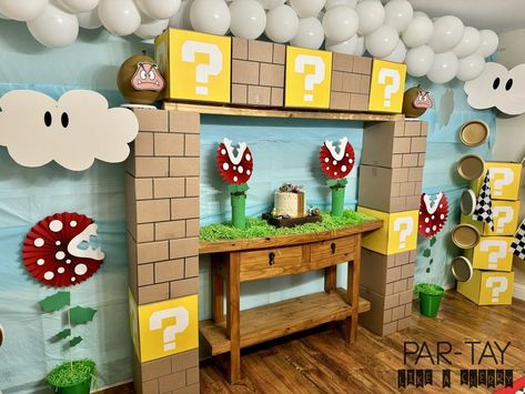 DIY Mario Party Ideas - Party Like a Cherry Mario Backdrop, Mario Party Ideas, Super Mario Brothers Birthday, Mario Brothers Birthday Party, Princess Peach Party, Mario Kart Party, Halloween Food Crafts, Mario Bros Cake, Super Mario Bros Birthday Party