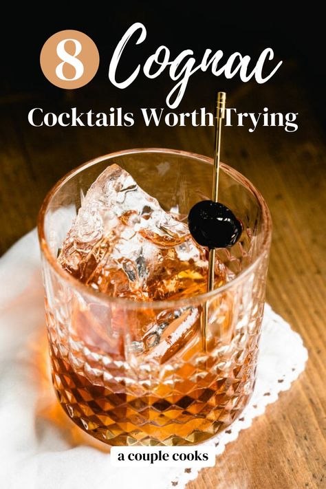 Here are the top Cognac cocktails to try using this high-end brandy! Try everything from a classic Sidecar to the beloved Sazerac. | cocktails | drinks | cognac drinks cocktails | brandy cocktails | #cocktails #cognac #brandy #cognaccocktails #brandycocktails Cognac Cocktails Recipes, Cognac Drink Recipes, Cocktails With Cognac, Cognac Mixed Drinks, Cognac Drinks Cocktails, Drinks With Cognac, Courvoisier Cocktails, High End Cocktails, Cognac Recipes