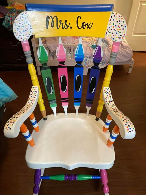 Made by Robin McGinnis Teacher Rocking Chair, Classroom Rocking Chair, Teacher Rocking Chairs, Teacher Chair, Teacher Diy, Teacher Chairs, Kindergarten Graduation Party, Painting Teacher, Teachers Diy