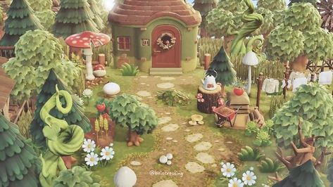 Acnh Farm Fairycore, Acnh House Cottagecore, Acnh Mushroom Forest Ideas, Acnh Forest Village, Forest Aesthetic Animal Crossing, Acnh Villager Exterior Ideas, Acnh Forest House, Acnh Woodsy Area, Acnh Forest Neighborhood