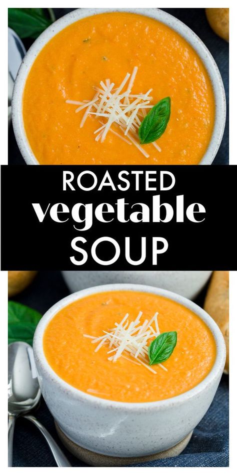 Roasted tomatoes, leeks, and carrots, give this Roasted Vegetable Soup so much flavor! A cozy and vegetarian soup that is great for a rainy afternoon or winter evening. Roasted Vegetable Soups, Easy Tomato Vegetable Soup, Roasted Veggies Tomato Soup, Roasted Tomato And Vegetable Soup, Tomato Leek Soup, Creamy Tomato Vegetable Soup, Roasted Vegetables Soup, Roasted Vegetable Soup Recipes, Roast Veg Soup