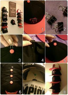 How to organize & hang your baseball caps! Things you'll need: Baseball cap/s Binder clips (medium) Nails Hammer Ruler (optional) 1.) Fold your ball cap. 2.) Grab a binder clip (one per cap) 3.) Attach binder clip behind top button of ball cap. 4.) Hide one side of the clip by folding it behind the ball cap. Only front side of clip should be folded up. 5.) Repeat to as many ball caps you may have. 6.) Using nails and a hammer, add a nail on your wall and set them about 4 1/2 inches apart. 7.) Gr Ball Cap Storage, Hat Rack Ideas, Diy Hat Rack, Cap Organizer, Cap Display, Diy Display, Hat Organization, Hat Display, Hat Storage