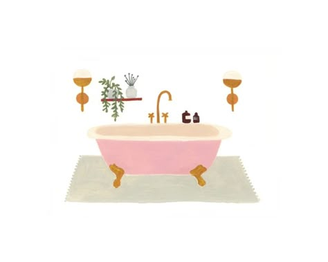 Bath Meditation, Bathroom Illustration, Pink Tub, Powder Room Decor, Gouache Illustrations, Posca Art, Bathroom Paint, Master Decor, Contemporary Illustration