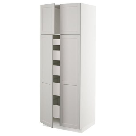 SEKTION High cabinet w 4 doors/5 drawers - white/Lerhyttan light gray - IKEA Ikea Kitchen Wall Cabinets, Ikea Kitchen Pantry, Sektion Kitchen, 3 Season Room, Pantry Drawers, High Cabinet, Stackable Washer And Dryer, Kitchen Wall Cabinets, Pantry Cupboard