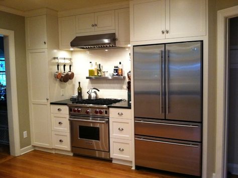 Small Kitchen Fridge And Stove On Same Wall, Fridge Stove Same Wall, Stove Next To Fridge Small Kitchen, Pantry Cabinet Beside Stove, Pantry Between Fridge And Stove, Fridge Stove Pantry Wall, Stove And Refrigerator On Same Wall Small Kitchen, Kitchen Cabinets Stove Area, Fridge Near Stove