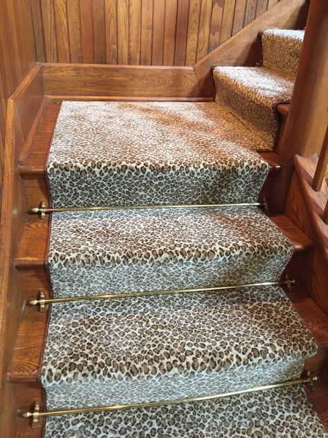 animal print carpet on steps as runner with decorative stair rods. Carpet Stair Rods, Leopard Print Carpet, Stairways Ideas, Animal Print Carpet, Stairs Runner, Carpet Diy, Home Depot Carpet, Carpet Staircase, Stair Rods