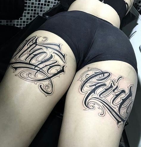 Uncover tattoo font types, creative ideas, and expert tips for selecting the perfect design that resonates with your style and meaning — in our article. Thigh Script Tattoo, Typographic Tattoo, Back Of Thigh Tattoo, Back Of Leg Tattoos, Private Tattoos, Tattoo Lettering Design, Hip Tattoos Women, Leg Tattoos Women, Tattoo Lettering Fonts