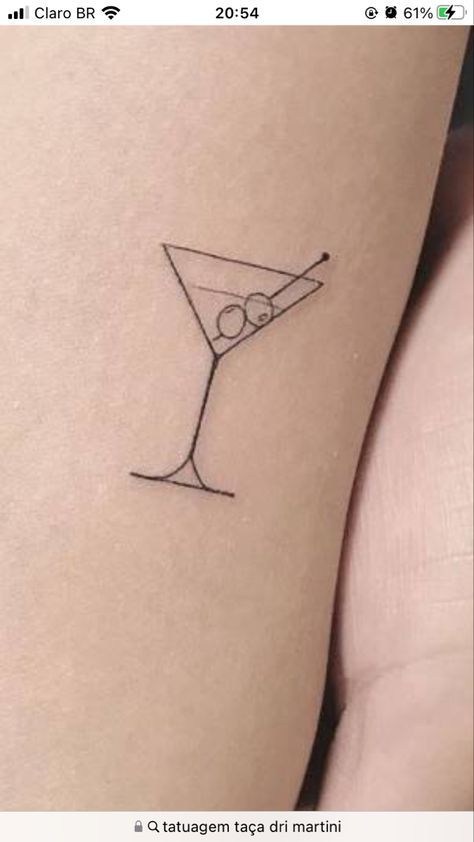 Mini Martini Glass Tattoo, Martini Fine Line Tattoo, Hospitality Tattoo Ideas, Martini Tattoo Design, Manhattan Cocktail Tattoo, Small Martini Glass Tattoo, Fine Line Martini Glass Tattoo, Gin And Tonic Tattoo, Martini Olive Tattoo