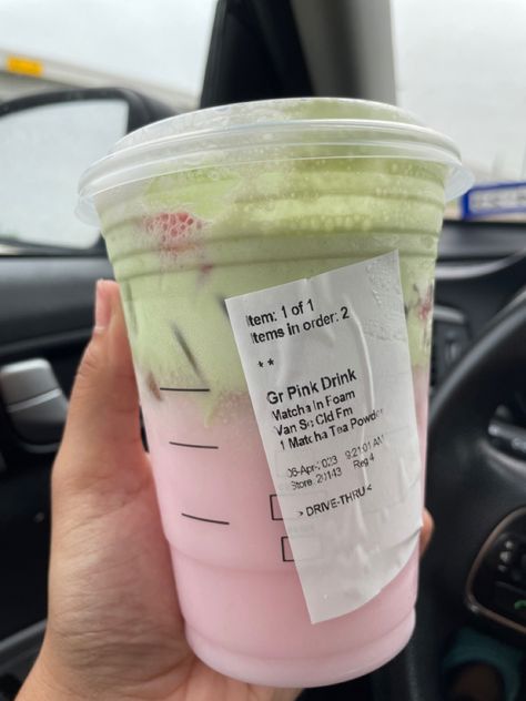 Starbucks pink drink with matcha cold foam Matcha And Pink Drink, Starbucks Drinks With Matcha Foam, Matcha Foam Starbucks, Starbucks Drinks Pink Drink Matcha, Pink And Green Starbucks Drink, Starbucks Recipes 2023, Pink Drinks From Starbucks, Pink Drink Matcha Foam, Starbucks Pink Drink With Cold Foam