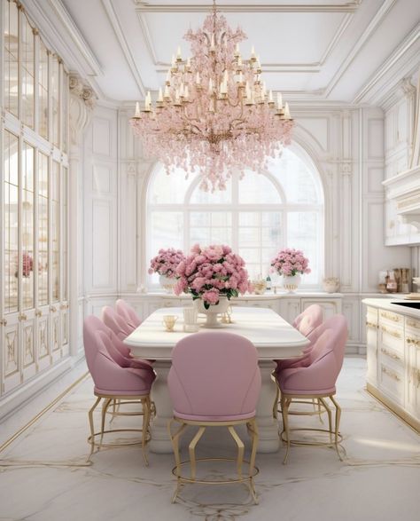 Pink Dining Rooms, Mobile Home Exteriors, Deco Rose, Luxury Dining Room, Pink House, Dream House Rooms, Pink Houses, Luxury Dining, Luxury Kitchens