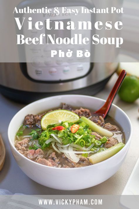 A quick and easy way to make pho without the hassle. This recipe is perfect for a busy weeknight or your average lazy person. This Instant Pot pressure cooker pho recipe eliminates a lot of the traditional steps without compromising flavor and authenticity. It also keeps the ingredient list to a minimum. Enjoy a delicious bowl of pho in under 45 minutes. Instant Pot Pho Recipe, Pho Noodle Soup Recipe, Pressure Cooker Pho, Beef Pho Recipe, Pho Soup Recipe, Pho Beef, Pho Noodle Soup, Vietnamese Beef, Pho Noodles