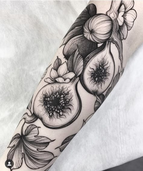 Fig Flower Tattoo, What Tattoo Should I Get, Fig Plant Tattoo, Fineline Botanical Tattoo, Fig Branch Tattoo, Fruit Tattoo Sleeve, Fig Leaf Tattoo, Floral Geometric Tattoo, Fig Tree Tattoo