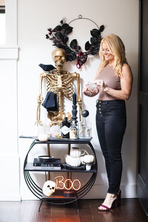 Bar cart styling, bar cart, gold skeletons, diy, seasonal decor, halloween decor Spooky Bar, Bar Cart Styling Ideas, Halloween Bar Cart, Bar Cart Ideas, Horror Room, Halloween Bar, Cart Ideas, Spooky Home Decor, Bar Cart Styling