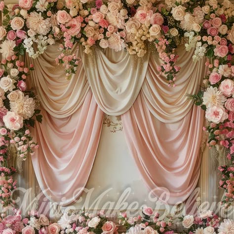 Kate Fine Art Pink White Floral Gradient Curtain Backdrop Designed by Royal Backdrop Ideas, Quinceñera Decoration Ideas, Quinceañera Backdrop Ideas, Pink Backdrop Ideas, Quince Backdrop Ideas, Champagne Quinceanera Theme, Pink Photo Backdrop, Color Melon, Jasmine Wedding