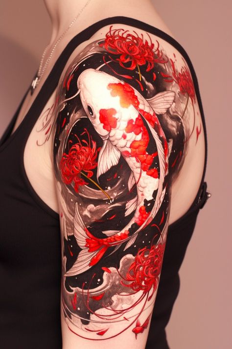 Fish Design Tattoo, Coy Fish Yin Yang Tattoo, Koi Fish Sleeve Tattoo Men, Fish Tattoo Back, Koi Half Sleeve Tattoo, Koi Fish Sleeve Tattoo Design, Koi Tattoo Forearm, Koi Colored Tattoo, Koi Arm Sleeve Tattoo