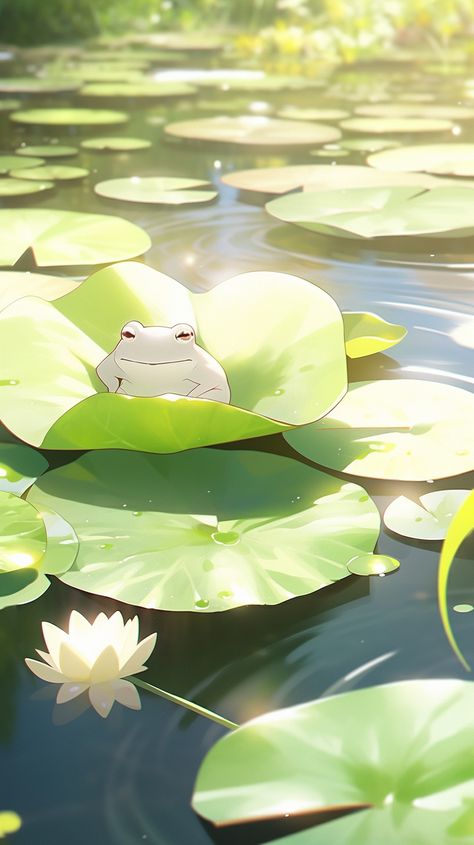 Lilly Pads Aesthetic, Frog On Lily Pad Painting, Frog Pond Illustration, Lily Pad Wallpaper, Photo Diorama, Lily Pad Art, Frogs On Lily Pads, Lily Pad Drawing, Frog And Lily Pad