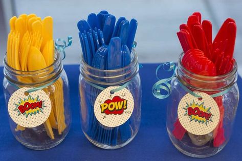 Superman Party Ideas Decoration, Superhero Dessert Table Ideas, Super Man Birthday Party Ideas, Outdoor Superhero Birthday Party, Dc Comics Birthday Party Ideas, Superman First Birthday Party, Super One Birthday Party, Superhero First Birthday Party, Marvel 1st Birthday Party