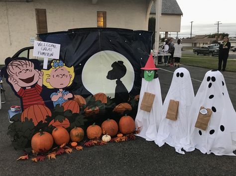 Great Pumpkin Charlie Brown Trunk or Treat. Backdrop & Linus standup are from Oriental Trading Co.  Lucy, Charlie Brown & Pigpen ghosts are made out of tomato cages, styrofoam balls, sheets, and sticky felt.   I made Lucy's mask & hat out of craft foam sheets. Its A Great Pumpkin Charlie Brown Trunk Or Treat, Its The Great Pumpkin Trunk Or Treat, Peanuts Halloween Trunk Or Treat, Charlie Brown Parade Float Ideas, Lucy Witch Mask Diy, Trunk Or Treat Ideas Charlie Brown, Charlie Brown Trunk Or Treat Ideas For Cars, Peanuts Trunk Or Treat Ideas, It’s A Great Pumpkin Charlie Brown Trunk Or Treat