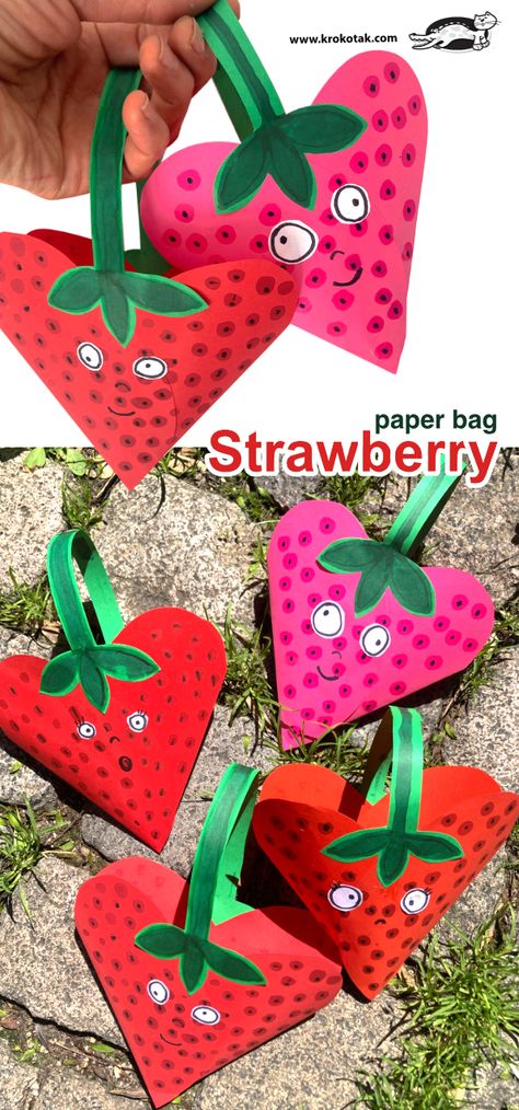 Strawberry+–+paper+bag Strawberry Art And Craft, Strawberry Crafts For Toddlers, Strawberry Art For Kids, Strawberry Activities For Kids, Strawberry Crafts Preschool, Strawberry Crafts For Kids, Strawberry Paper Craft, Strawberry Craft, Strawberry Paper