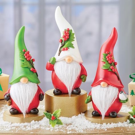 Hand-Painted Holly Santa Claus Nordic Gnomes - Set of 3 | Collections Etc. Polymer Clay Gnomes, Painted Gnomes, Ceramic Gnomes, Window Sill Shelf, Santa Gnomes, Christmas Themed Cake, Tall Hat, Nordic Gnomes, Candy House