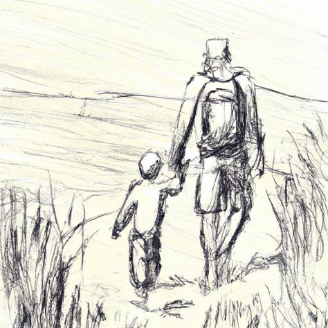 Sketch Father And Daughter, Father Son Sketch, Father And Son Art Drawing, Father And Son Sketch, Father And Son Drawing, Indian Drawing, Backpack Drawing, Missing Father, Sun Drawing