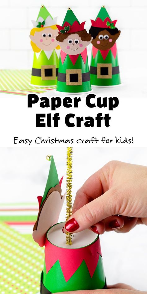 Paper Cup Elf Craft - An easy paper cup Christmas craft for kids and adults. Includes a free printable template, which makes it a simple holiday decoration to make for home or school. Looks cute hung up as an ornament! 🎄 Elf Craft For Kids, Elf Craft, Community Programs, Paper Cup Crafts, School Holiday Party, Elf Crafts, Christmas Crafts For Kids To Make, Template Christmas, School Holiday