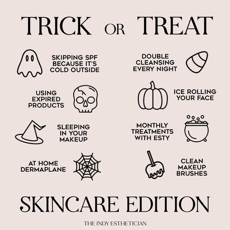 October Spa Specials, Halloween Med Spa Specials, October Esthetician Posts, Fall Skin Care Tips, October Esthetician, Fall Skincare Quotes, Halloween Skincare Quotes, Skincare Information, Halloween Esthetician Post